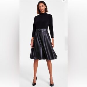 Calvin Klein- Women’s Faux Leather Skirt A-Line Dress